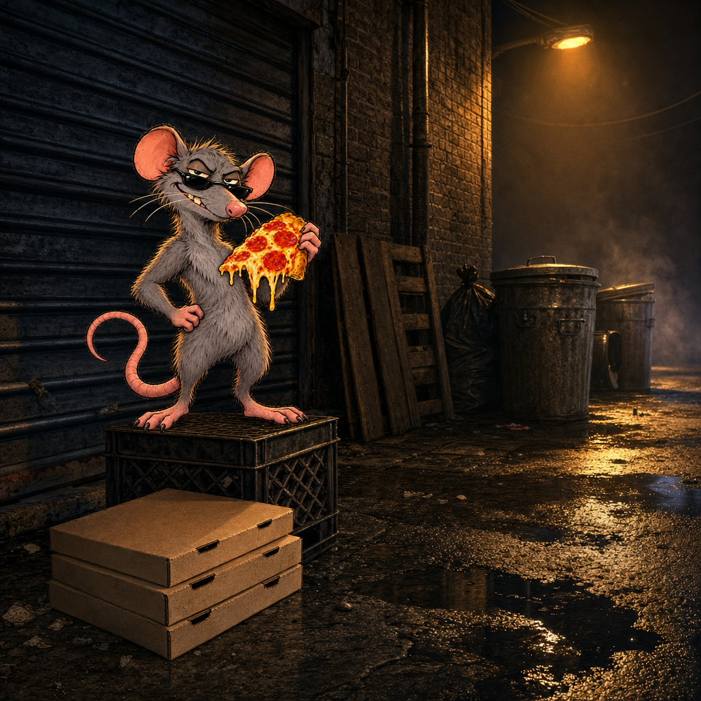 City Rat standing on a milk crate in a wet alley beside flattened pizza boxes and trash cans under a streetlamp